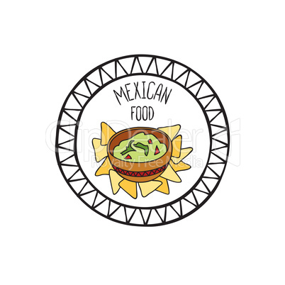 Mexican guacamole food doodle symbol. Round shape sign. Fastfood icon.
