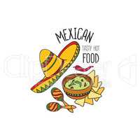 Mexican food symbol set. Guacamole, hat, musical icons