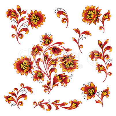 Floral pattern design element set. Ornamental flowers Russian style collection.