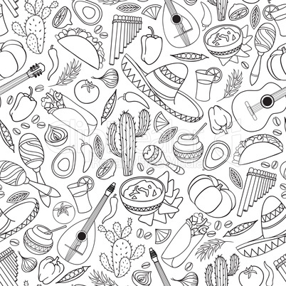 Mexican food and musical instruments seamless pattern. Travel Me