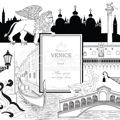 Venice city background. Tourist landmarks gondola and venetian carnival mask