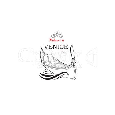 Venice city sign. Tourist venetian transport gondola. Travel Italy icon