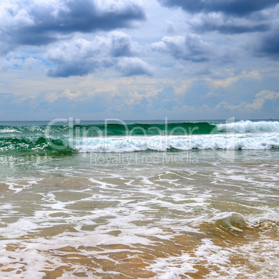 Sandy beach. Dramatic cloudscape with heavy rain and tropical st