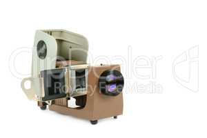 Vintage filmstrip projector isolated on white background.