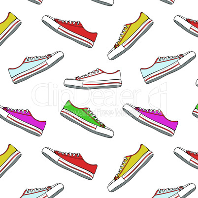 Seamless pattern with multi-colored textile sneakers and white laces