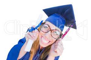 Goofy Graduating Young Girl In Cap and Gown Isolated on a White