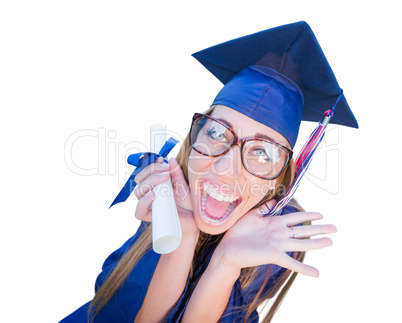 Goofy Graduating Young Girl In Cap and Gown Isolated on a White