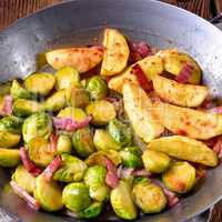 Brussels Sprouts with ham ,honey and roasted potatoes