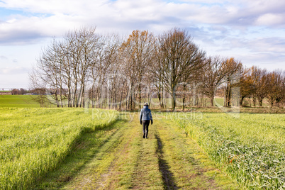 Woman is running on meadow path