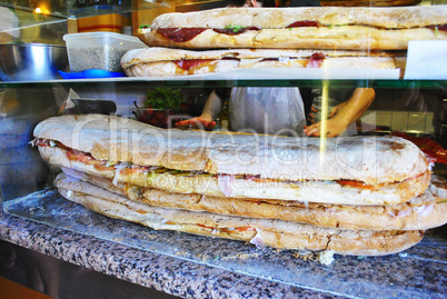 close-up view of a huge stuffed sandwich