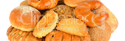 Bread and bakery products isolated on white background .