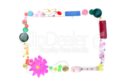 Sewing accessories isolated on white background. Colorful frame