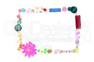 Sewing accessories isolated on white background. Colorful frame