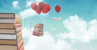 Floating books on balloons in surreal sky