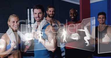 Athletic fit group of people in gym with health interface