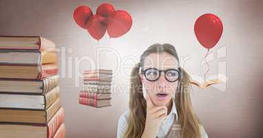 Woman wearing glasses with floating books on surreal balloons