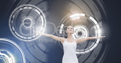 Woman stretching arms with circle interface