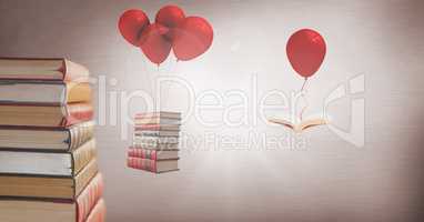Floating books hanging off surreal balloons
