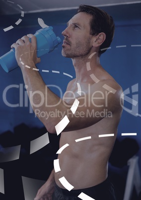 Athletic fit man rehydration water in gym with curved interface