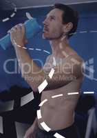 Athletic fit man rehydration water in gym with curved interface