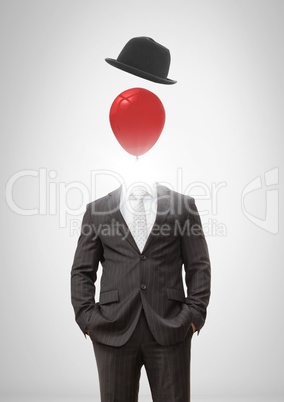 Headless man with surreal floating hat and balloon