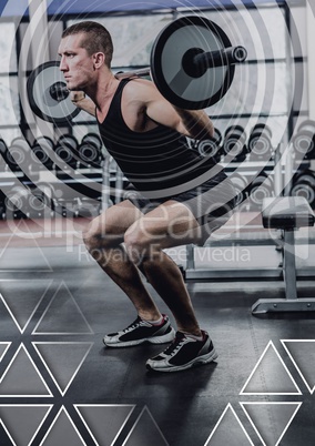 Athletic fit man lifting weights in gym with interface