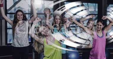 Athletic fit group of people in gym with circle interface
