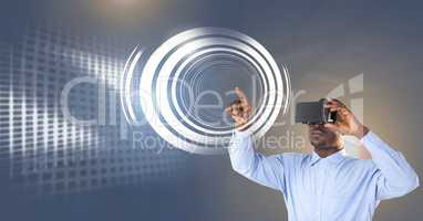 Man touching circle interface with virtual reality headset