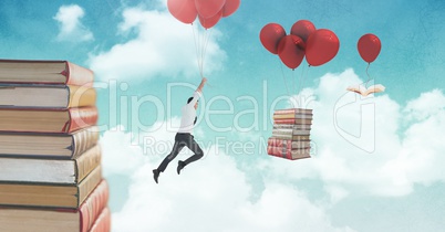 Man holding balloons and floating books on balloons in surreal sky