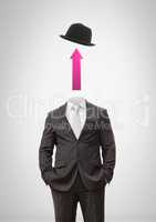 Headless man with surreal floating hat and up arrow