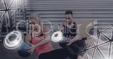 Athletic fit people in gym with triangle interface