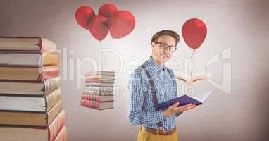 Man wearing glasses with floating books on surreal balloons