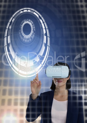 Woman touching circle interface with Virtual reality headset