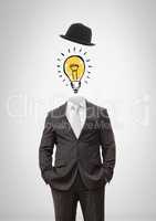 Headless man with surreal floating hat and light bulb