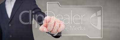 Composite image of smiling businessman in suit pointing