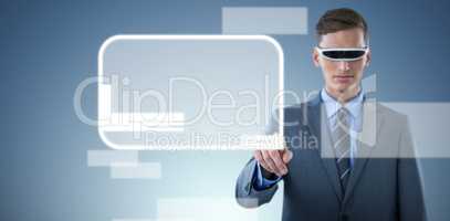 Composite image of confident businessman pointing finger while using virtual reality glasses