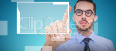 Composite image of businessman with glasses pointing something