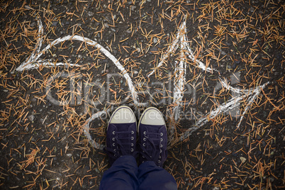 Composite image of low section of man standing on hardwood floor