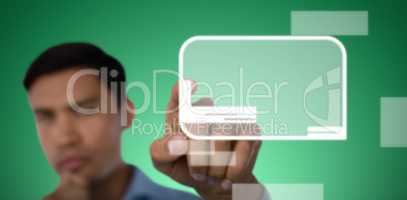 Composite image of close up of businessman hand touching invisible interface