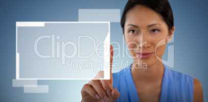 Composite image of close up of businesswoman touching interface