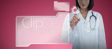 Composite image of mid section of female doctor touching invisible screen