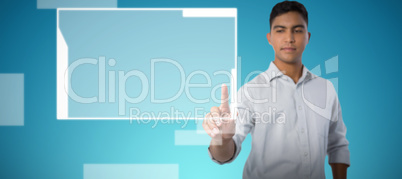 Composite image of man pretending to touch an invisible screen