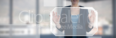 Composite image of mid section of smiling businesswoman gesturing