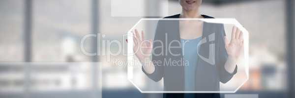 Composite image of mid section of smiling businesswoman gesturing