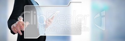 Composite image of mid section of businesswoman using mobile phone while using imaginary interface