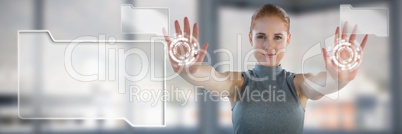 Composite image of portrait of smiling businesswoman showing stop gesture