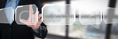 Composite image of mid section of businessman touching imaginary interface screen