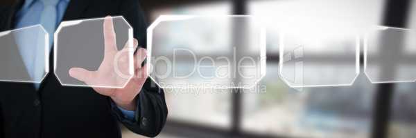 Composite image of mid section of businessman touching imaginary interface screen