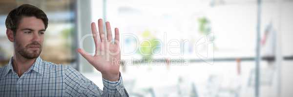 Composite image of man gesturing stop sign against white background