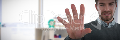 Composite image of man gesturing against white background